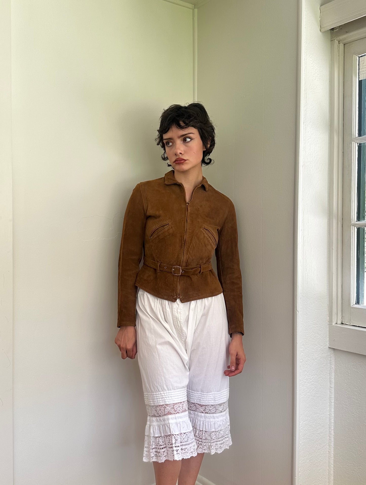 1930s Brown Suede Belted Cropped Jacket