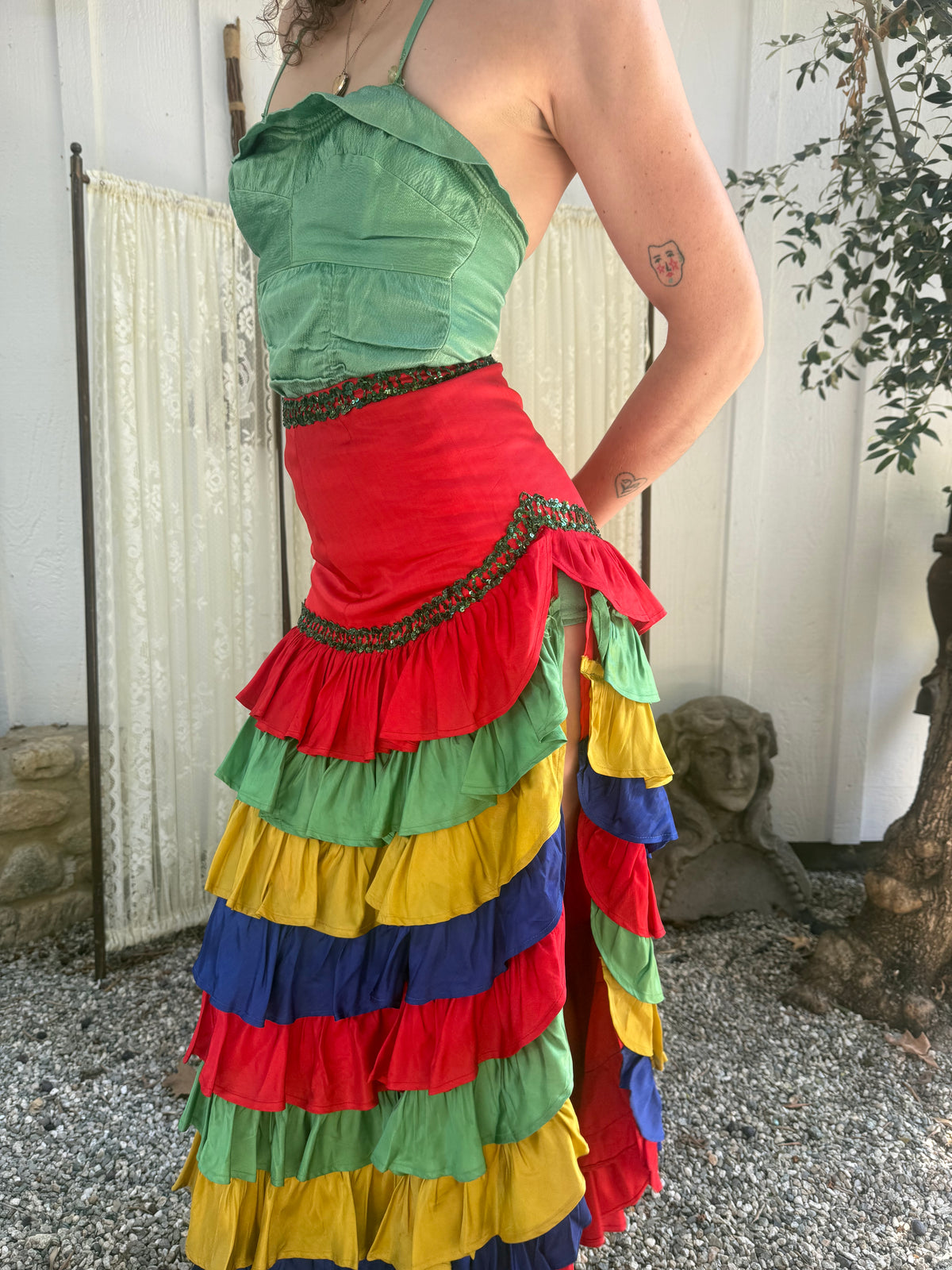 1960s Satin Flamenco Costume Skirt with Sequins