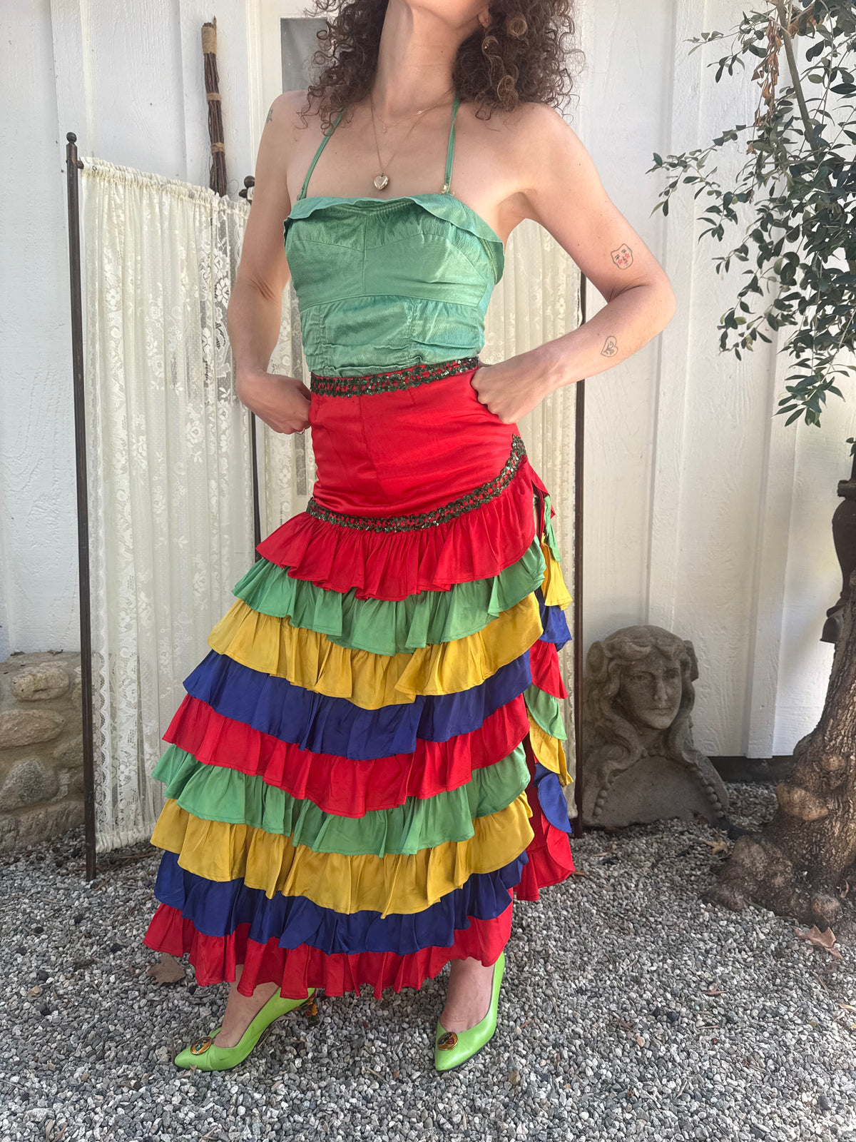 1960s Satin Flamenco Costume Skirt with Sequins