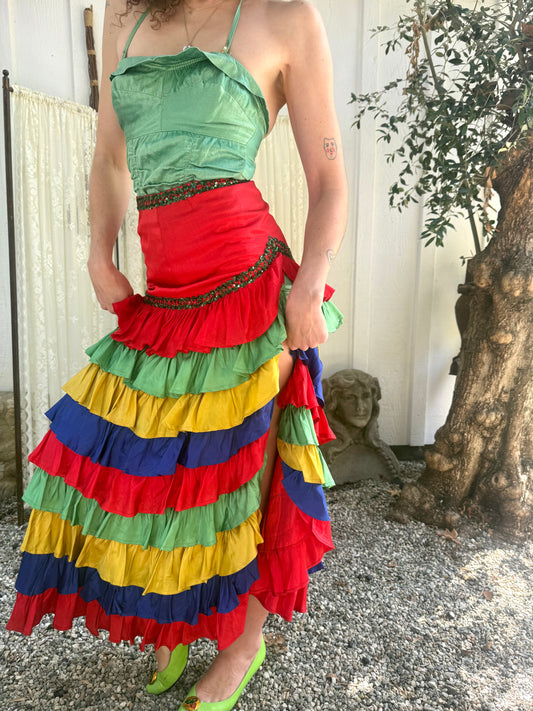 1960s Satin Flamenco Costume Skirt with Sequins