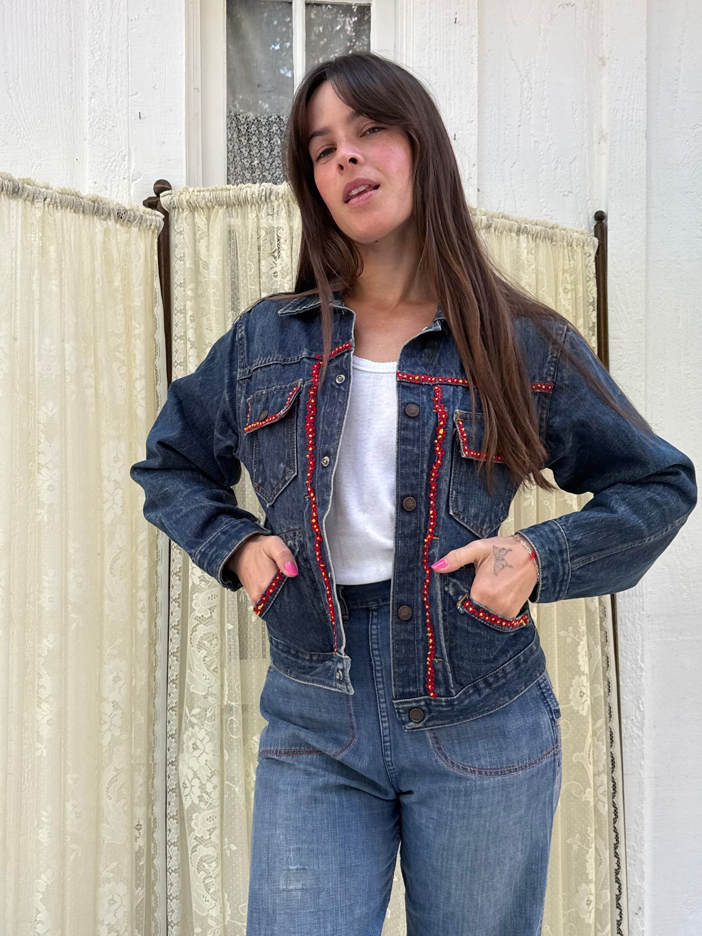 1970s Denim Jacket with Embroidered Flowers