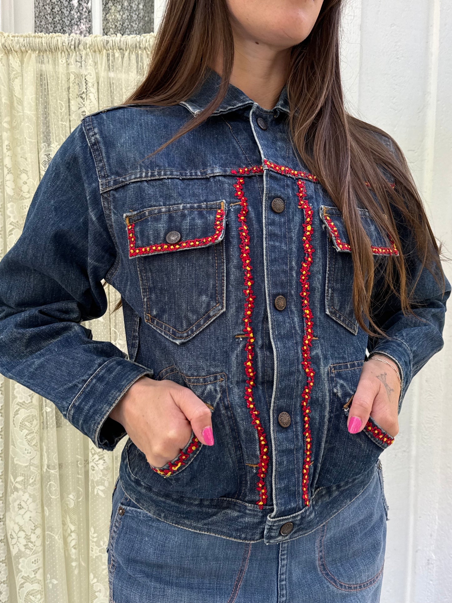1970s Denim Jacket with Embroidered Flowers