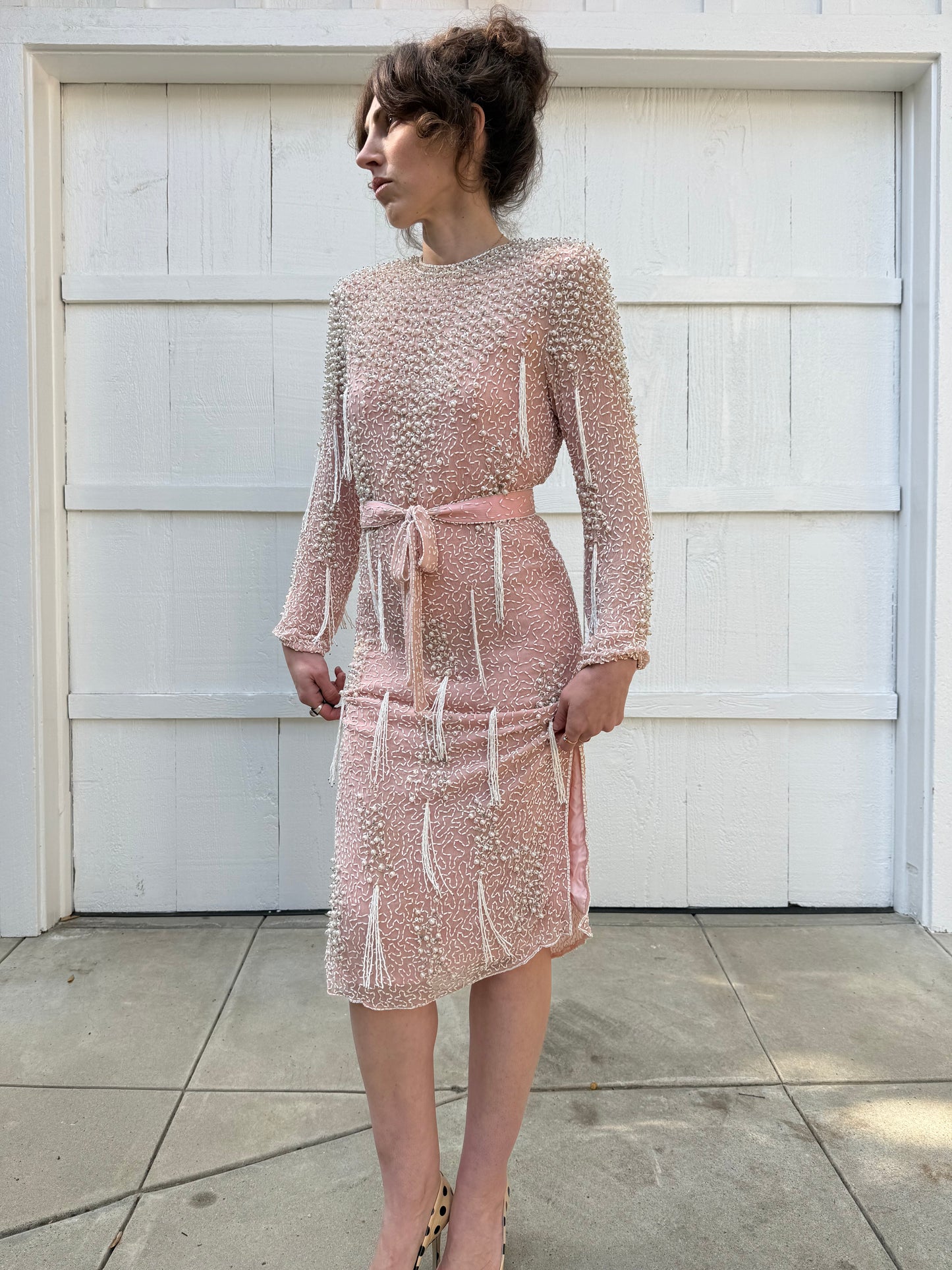 1980s Metamorphosis Pink Silk Beaded Tassels Dress