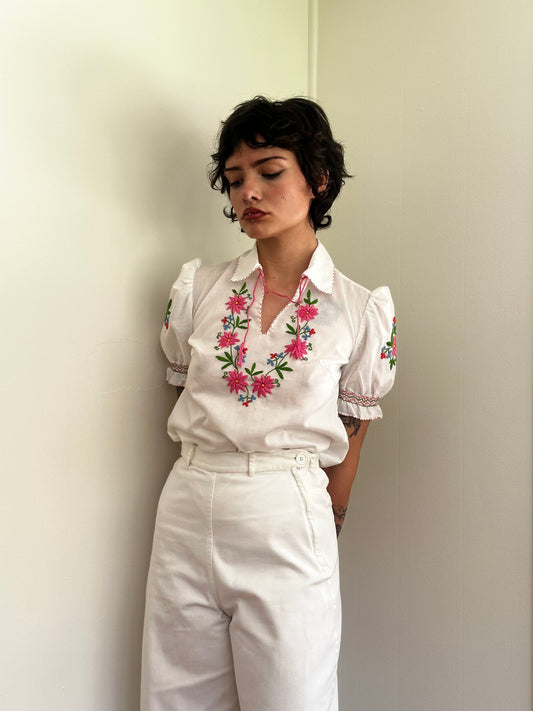 1970s Hungarian Folk Embroidered Peasant Blouse