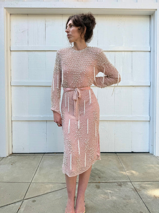 1980s Metamorphosis Pink Silk Beaded Tassels Dress