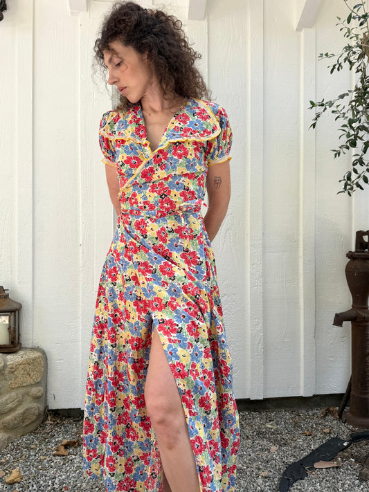 1930s Floral Cotton Ruffled Wrap Dress