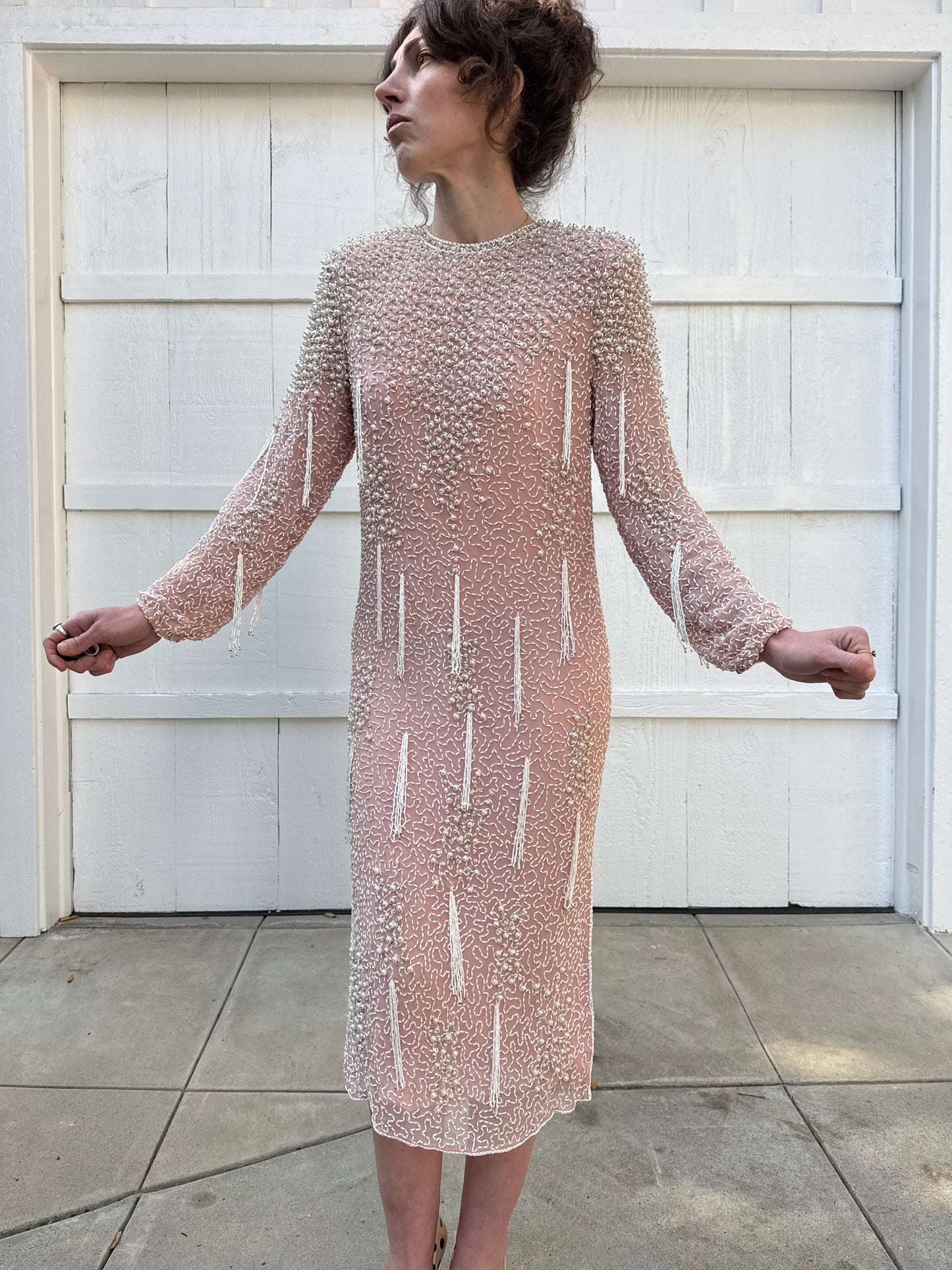 1980s Metamorphosis Pink Silk Beaded Tassels Dress