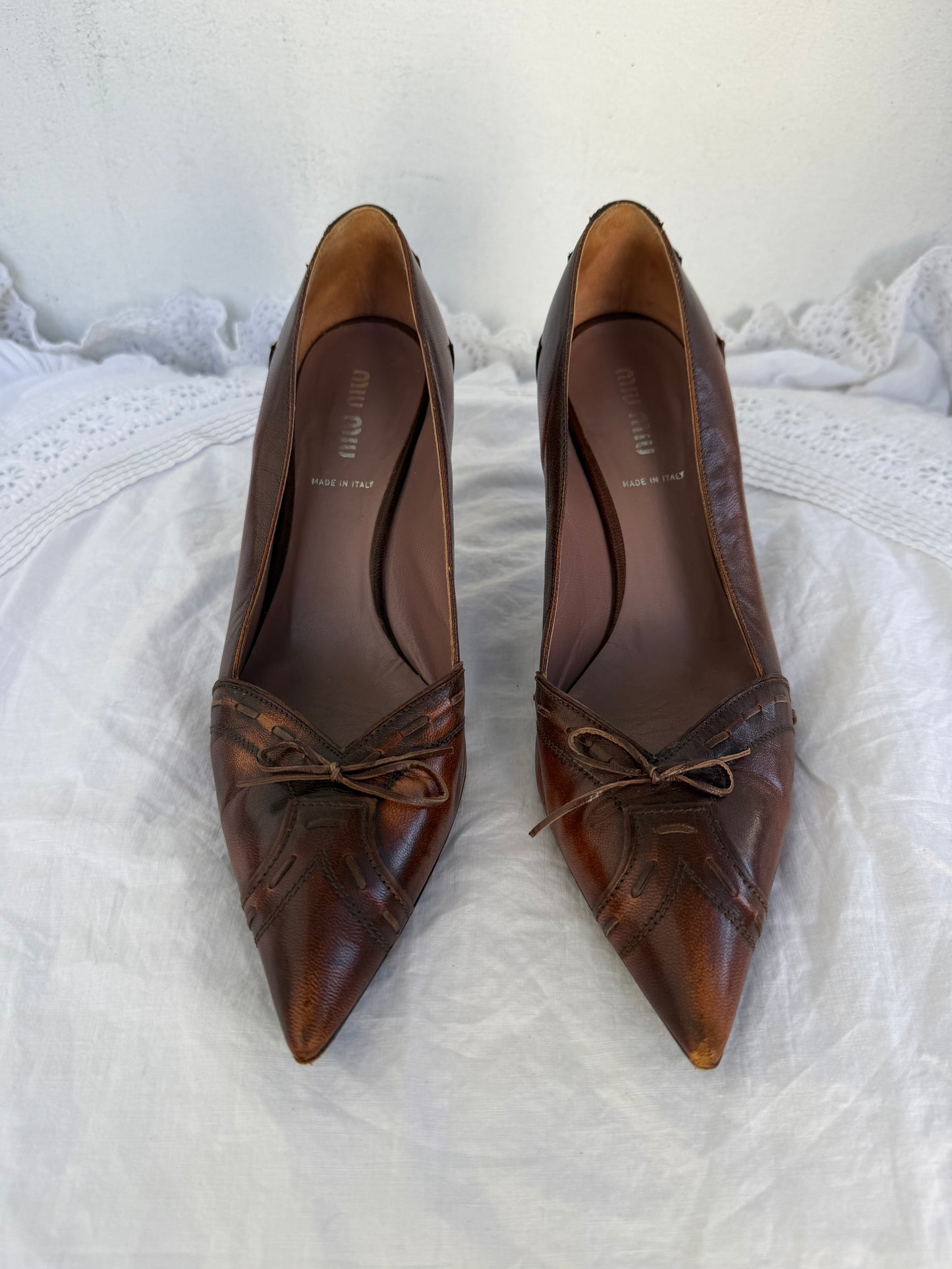 Miu Miu 2000s Brown Leather Western Stitch Lace Up Pointed Heels sz 38