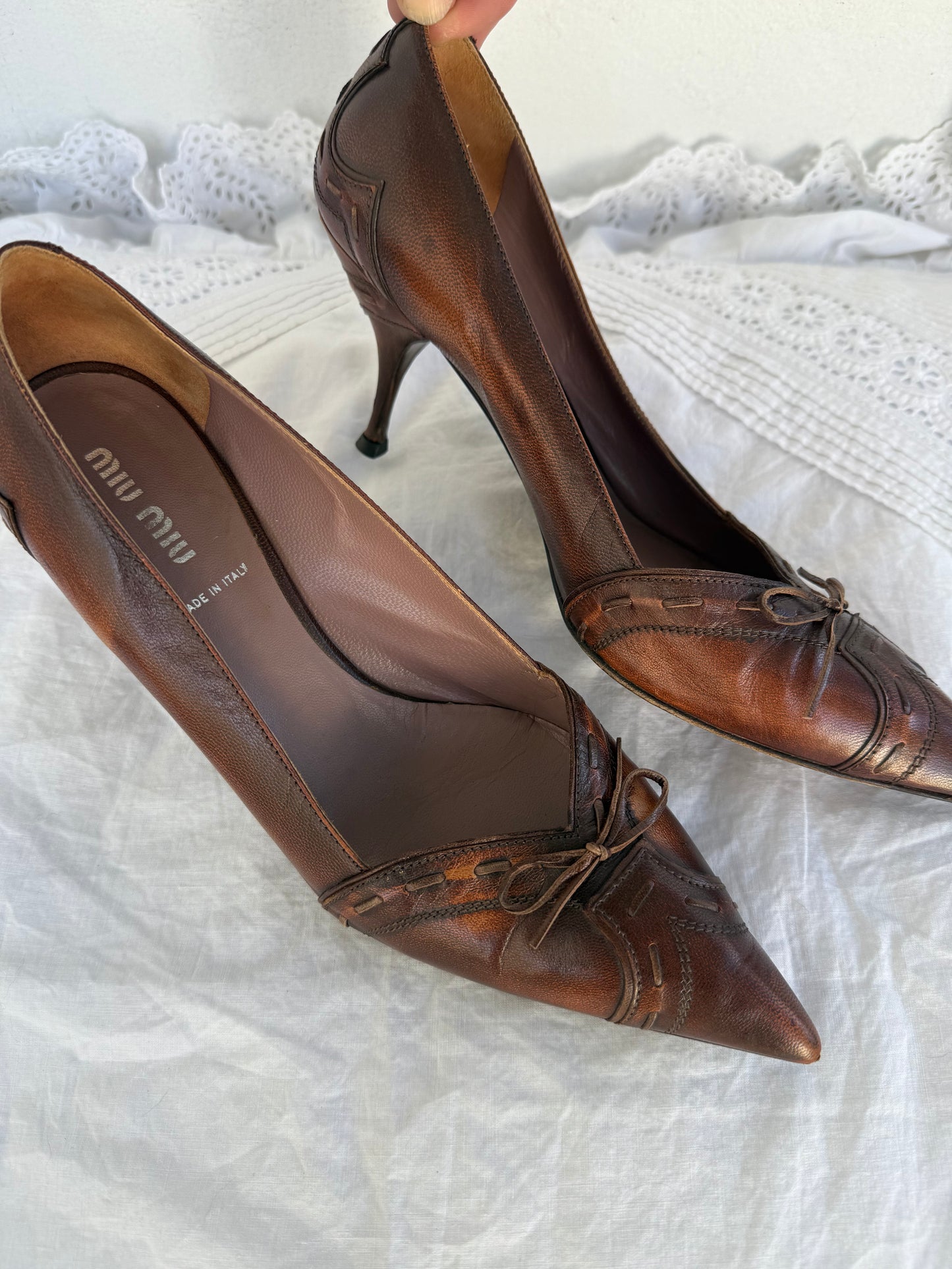 Miu Miu 2000s Brown Leather Western Stitch Lace Up Pointed Heels sz 38