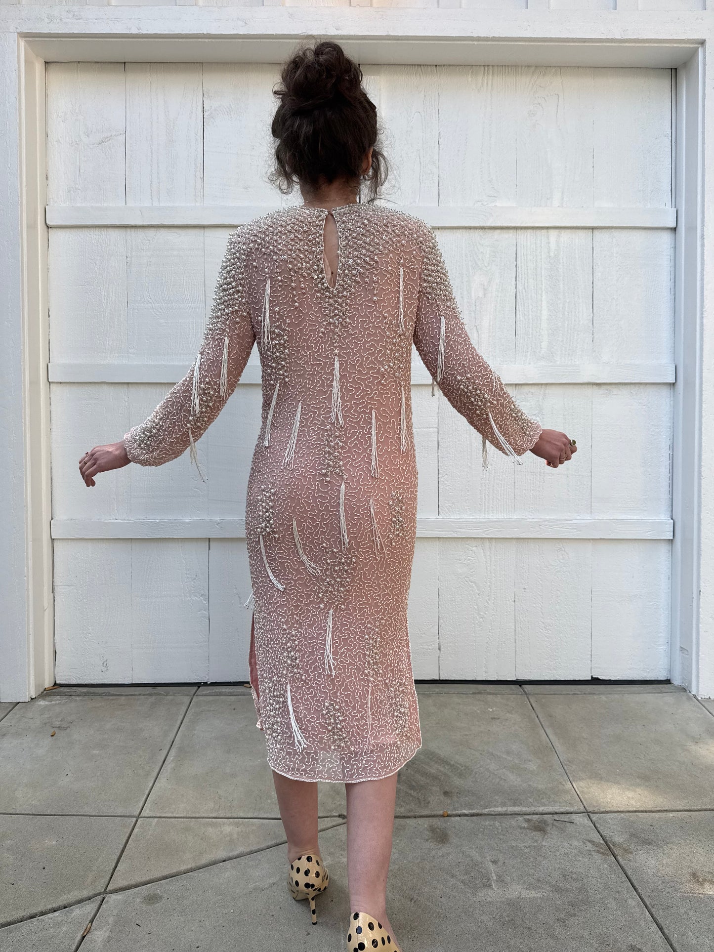 1980s Metamorphosis Pink Silk Beaded Tassels Dress