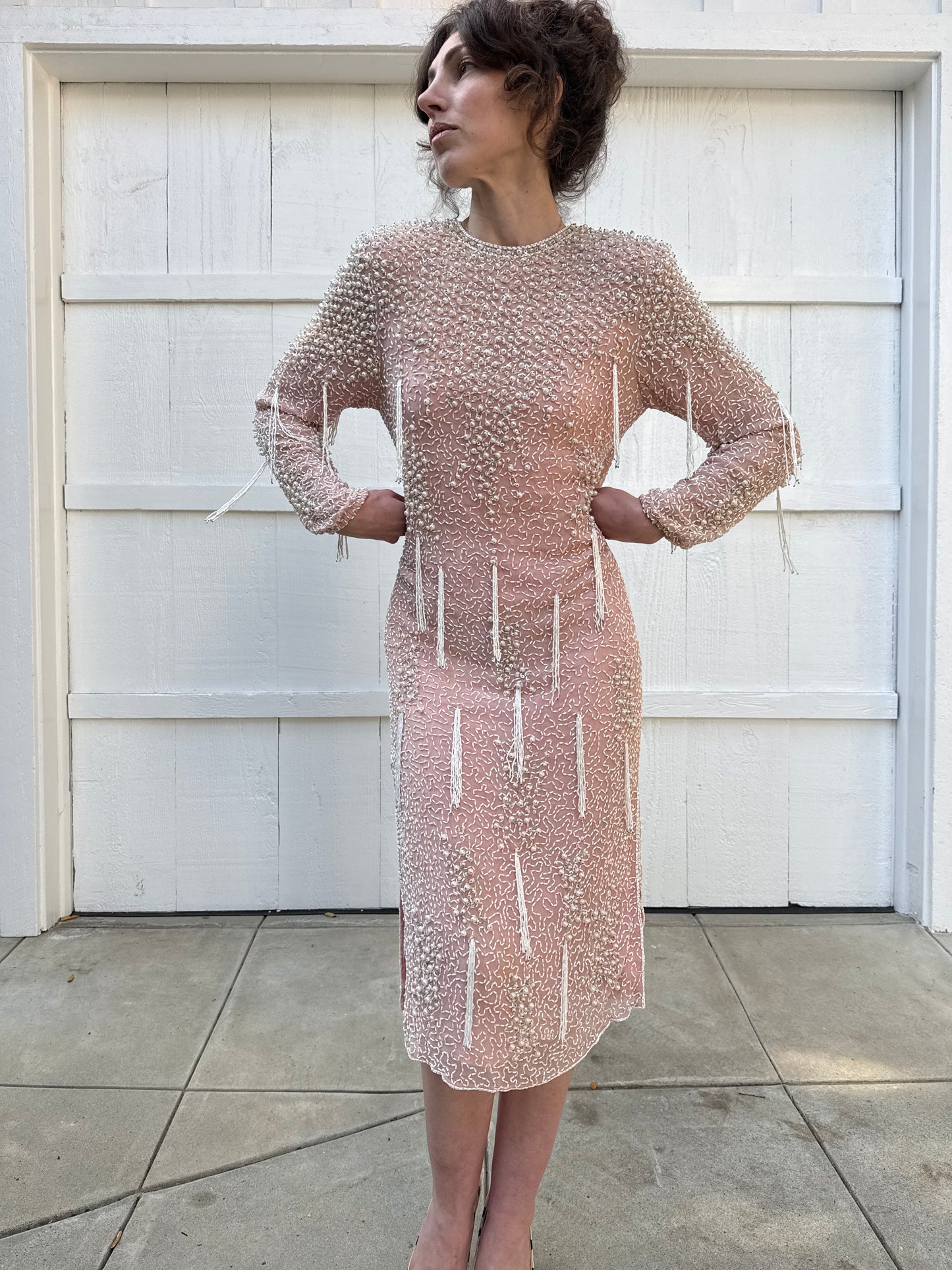 1980s Metamorphosis Pink Silk Beaded Tassels Dress