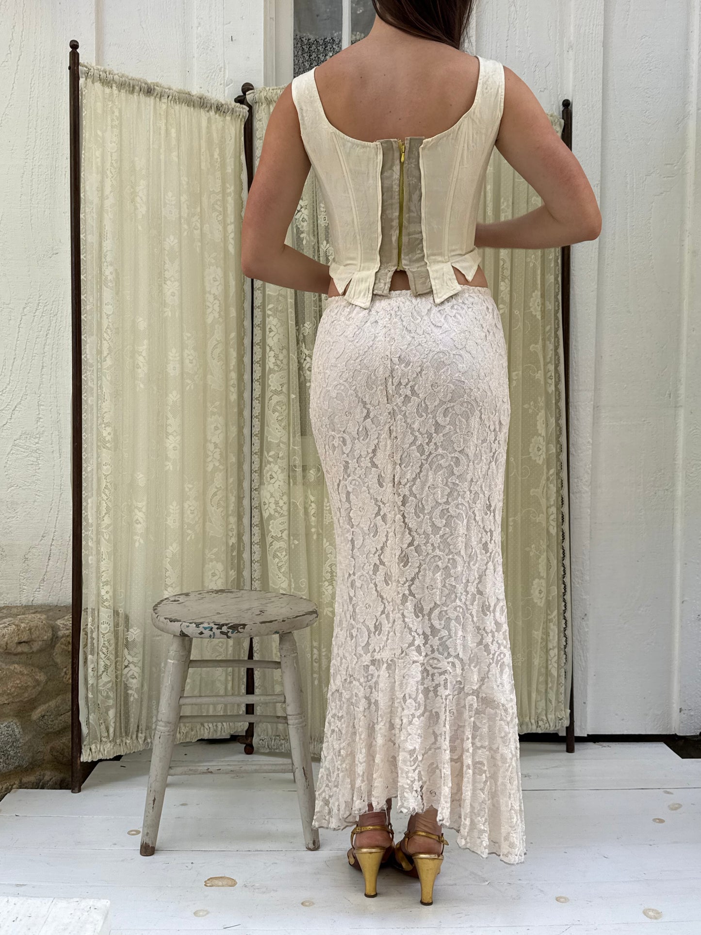 1990s Off White Lace Mermaid Skirt