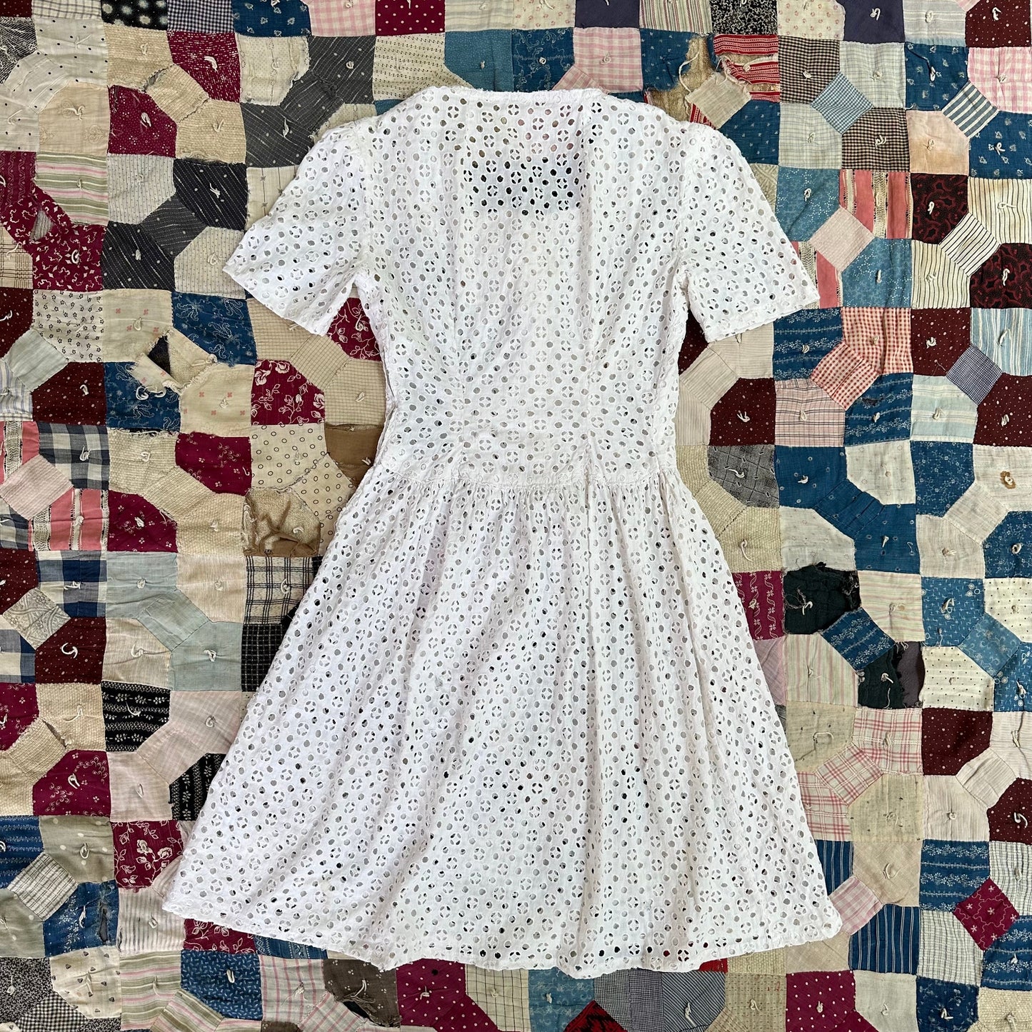 1940s White Cotton Eyelet Dress