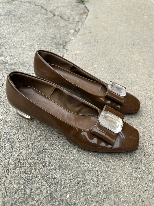 60s Brown Bow Lucite Heel Flats with Gems