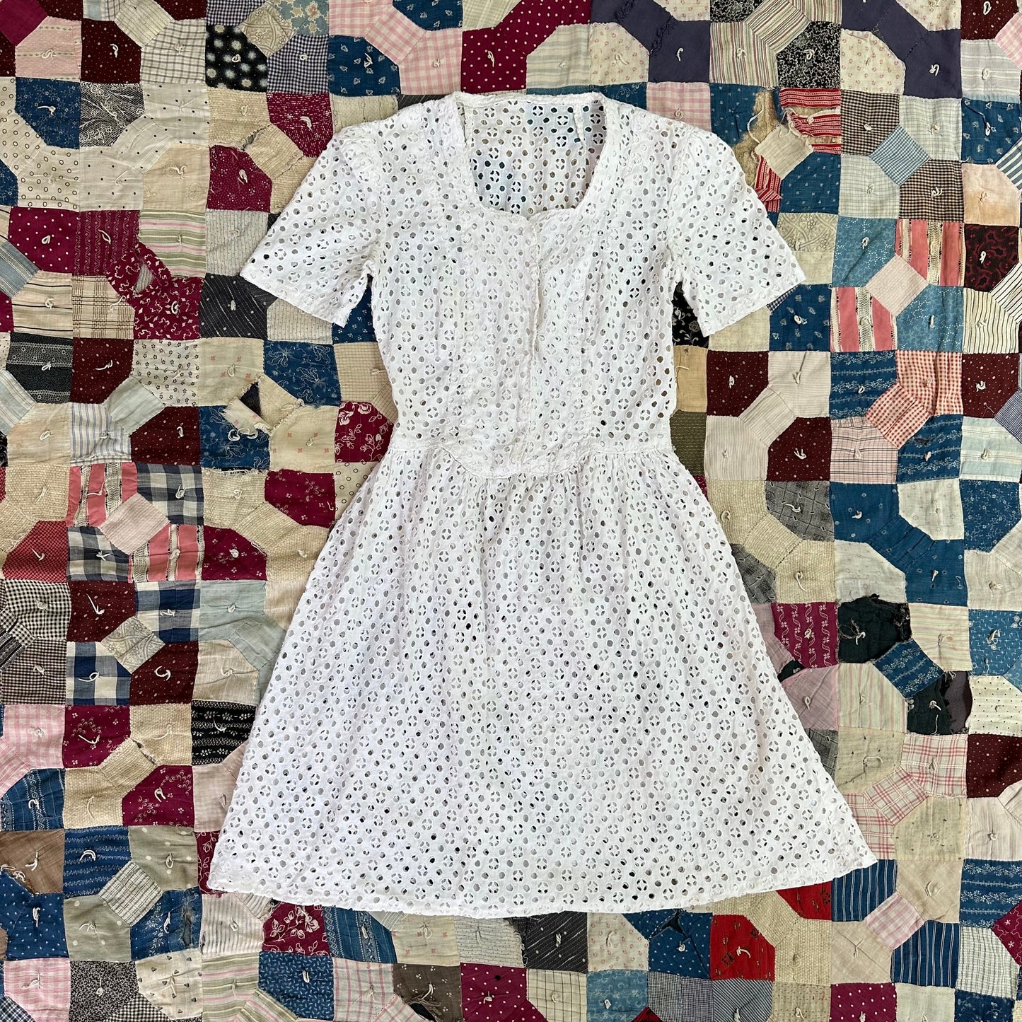 1940s White Cotton Eyelet Dress