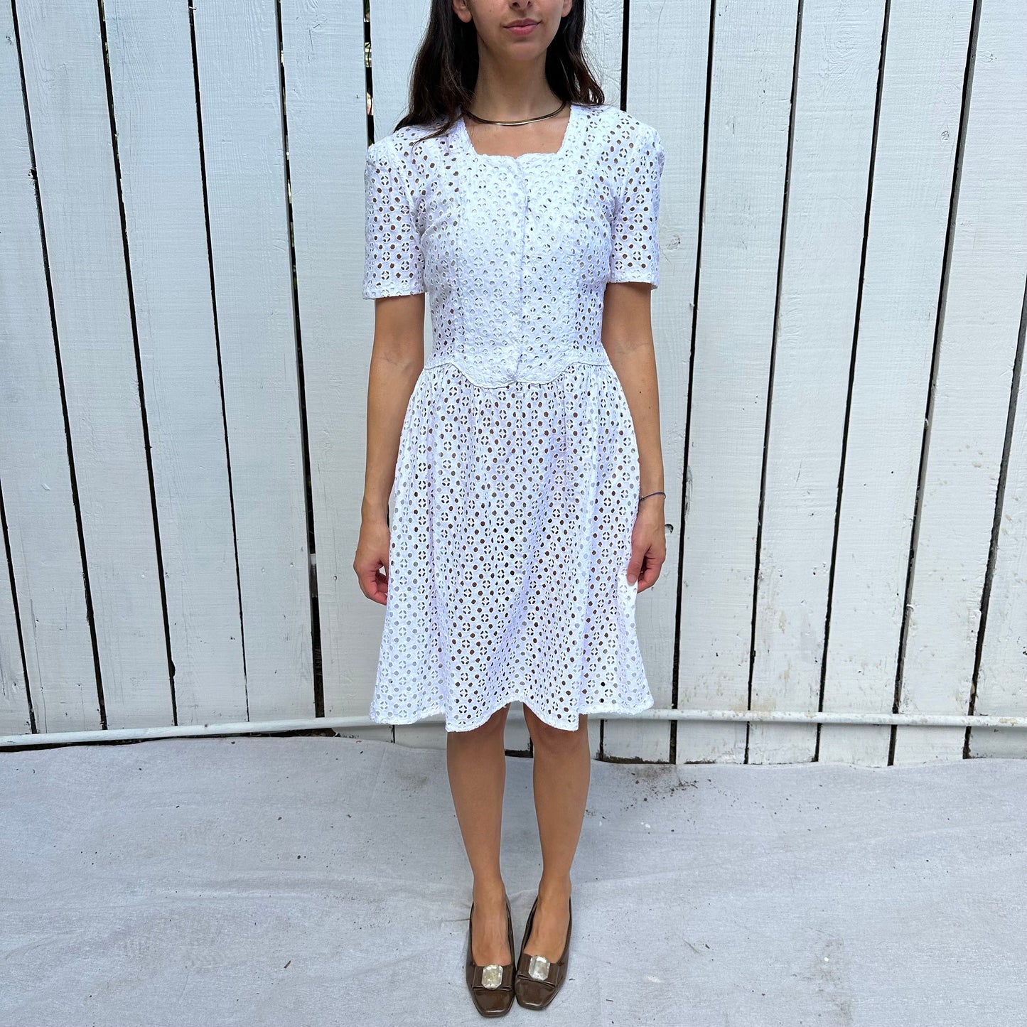 1940s White Cotton Eyelet Dress