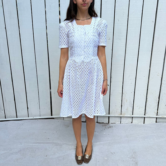 1940s White Cotton Eyelet Dress