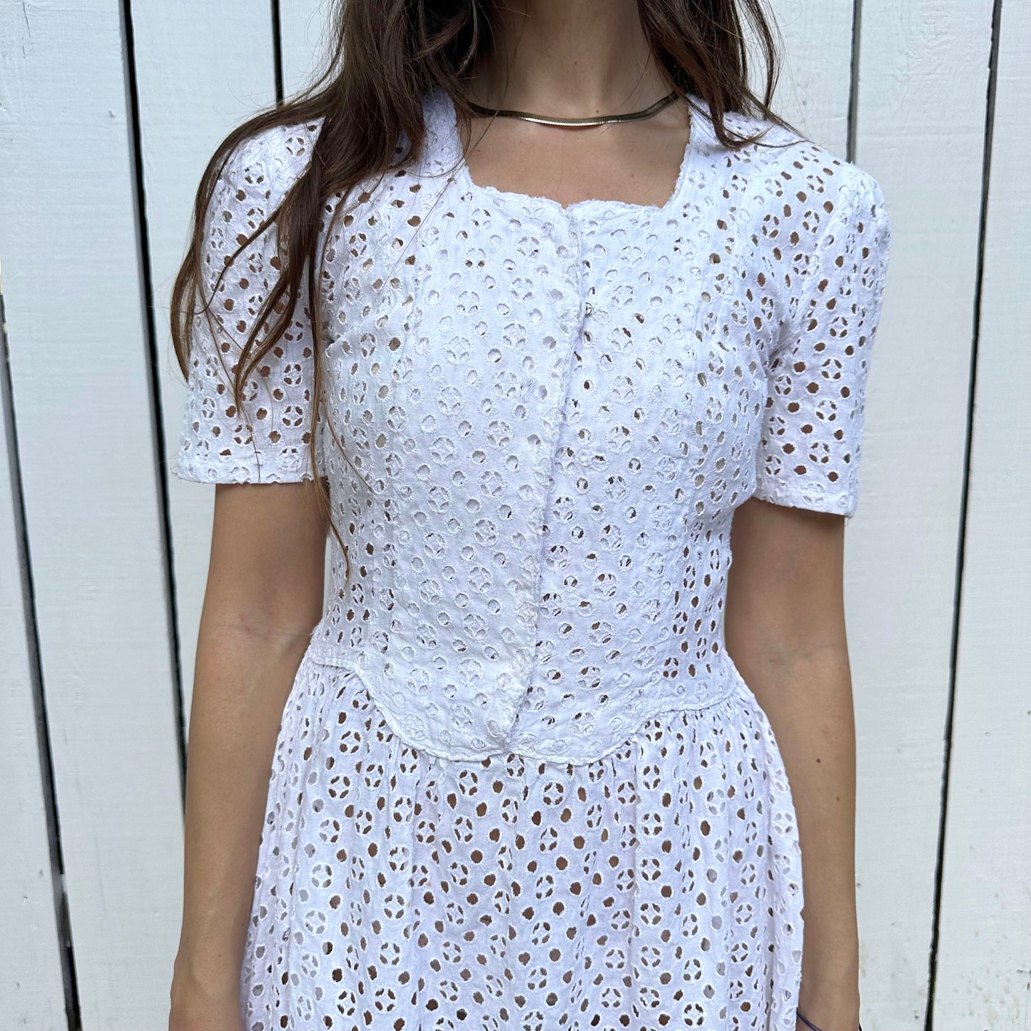 1940s White Cotton Eyelet Dress
