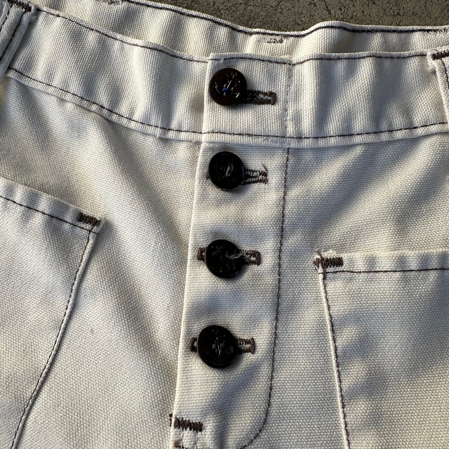 1960s Kazoo Brand Navy Sailor White Pants with Anchor Buttons and Flared