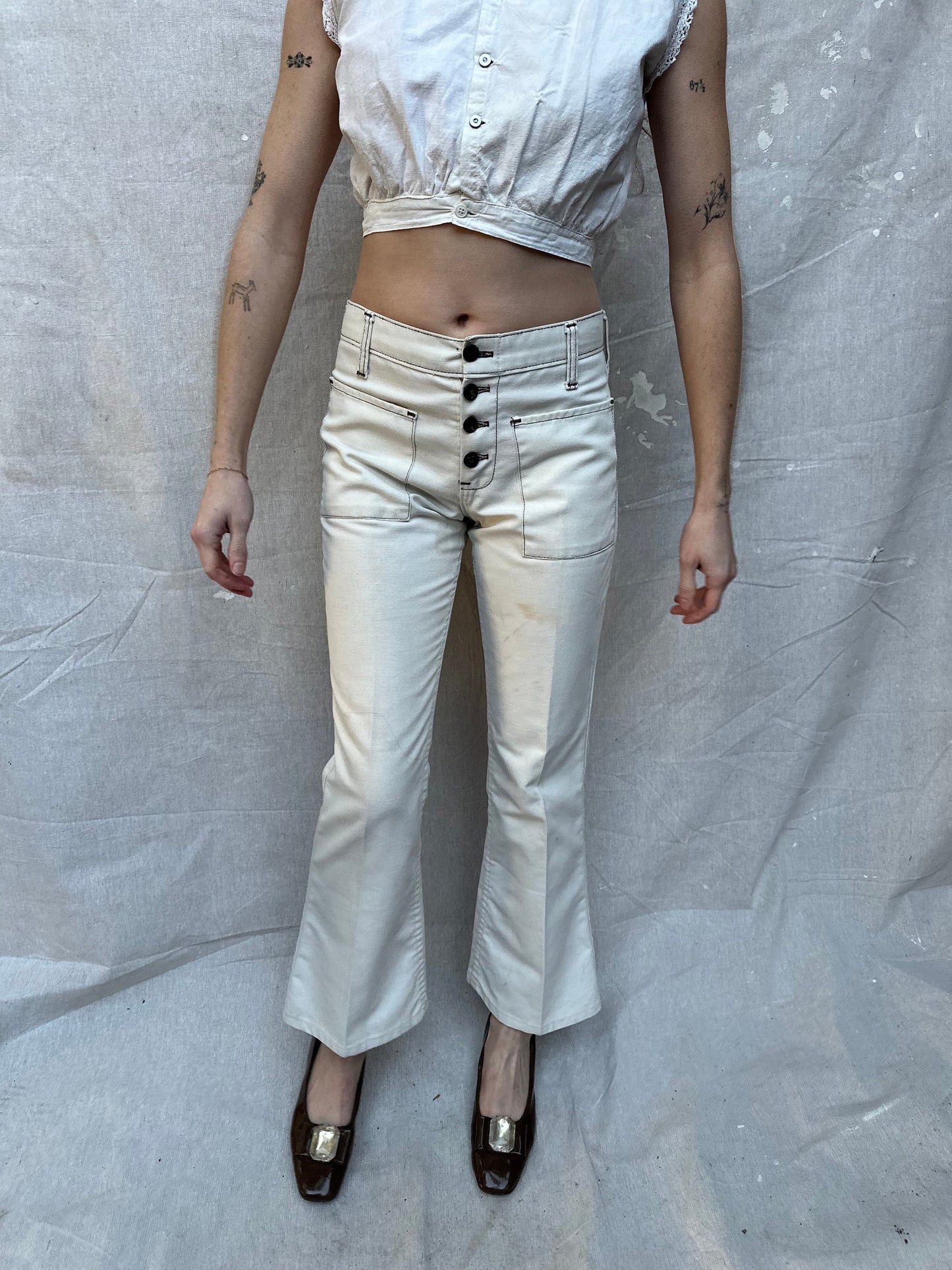 1960s Kazoo Brand Navy Sailor White Pants with Anchor Buttons and Flared