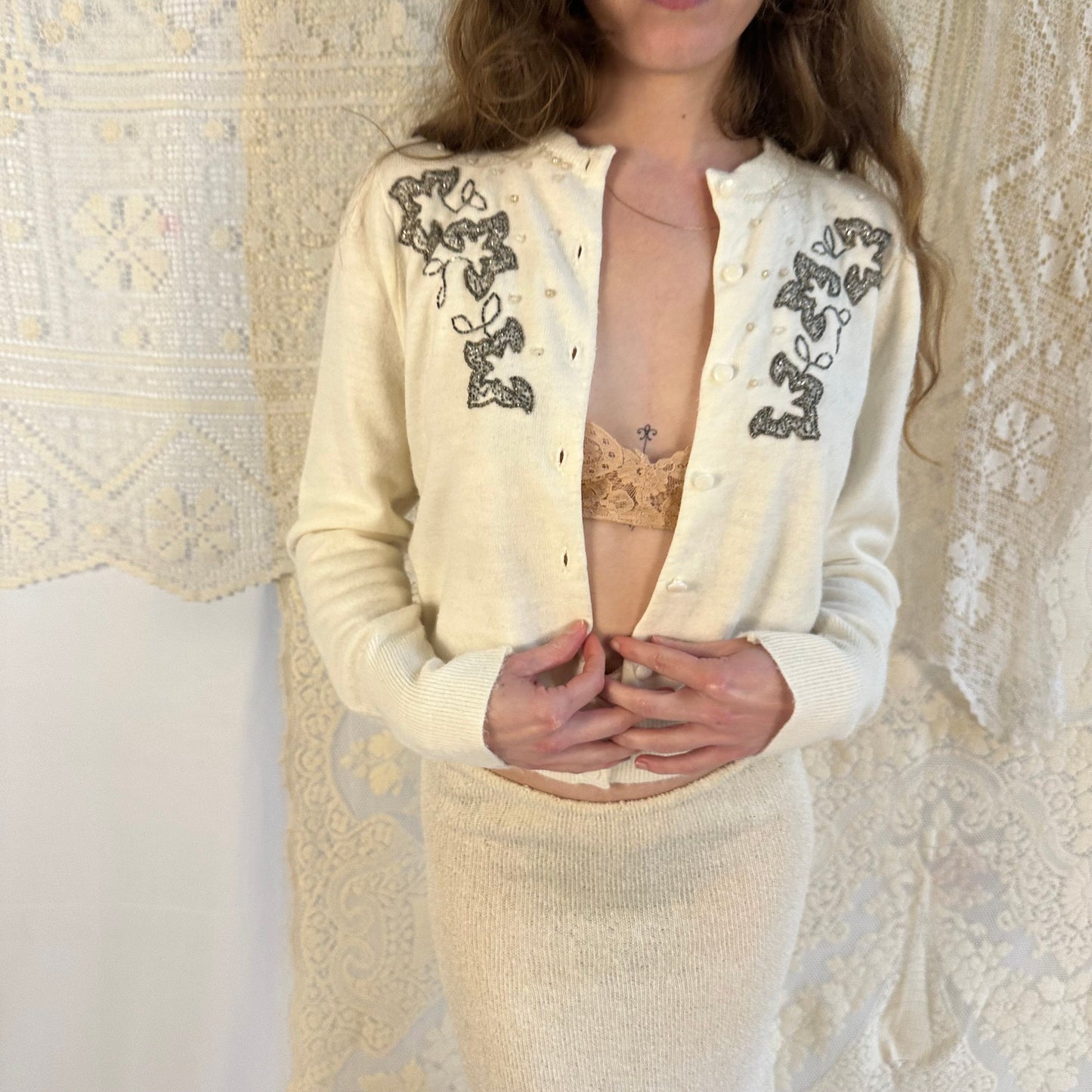 1950s Ellen Lee White Knit Embellished Beaded Cardigan