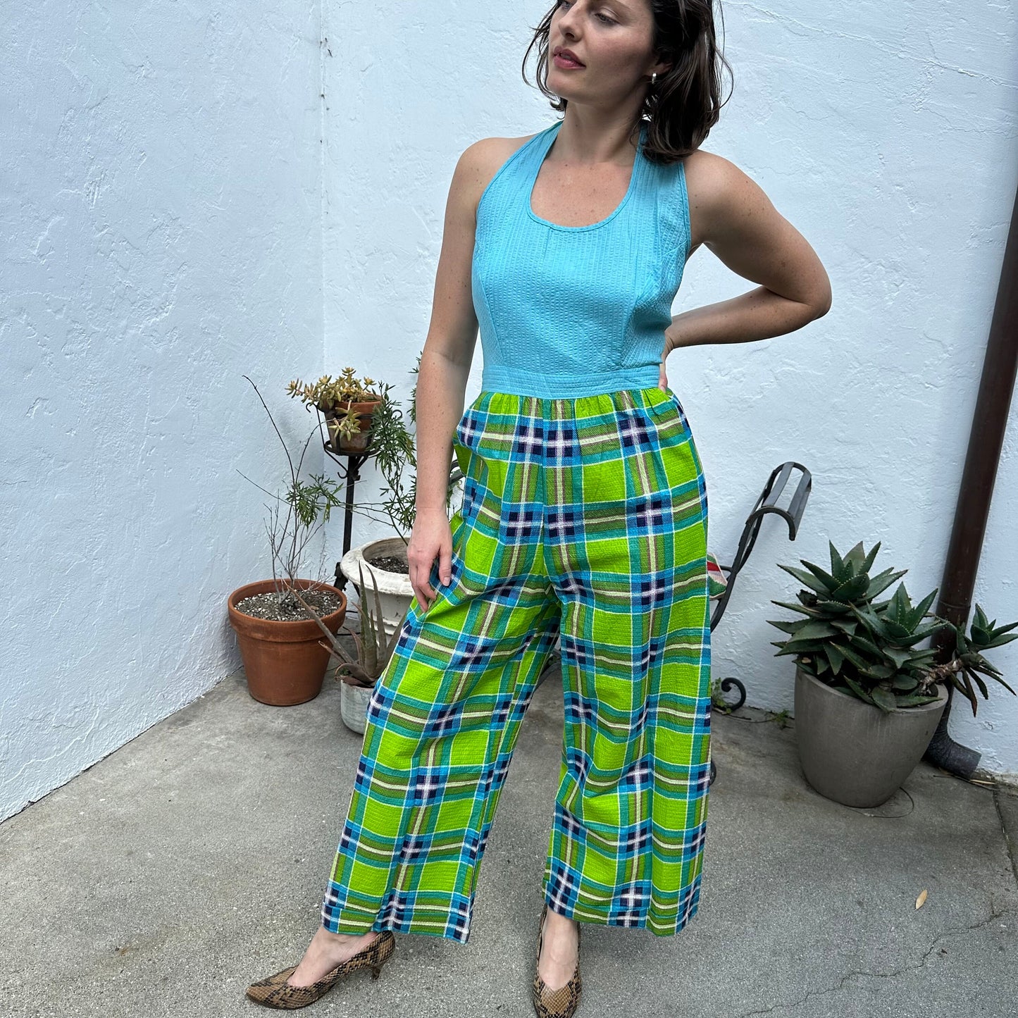 Rare 1970s Deadstock Plaid Teal and Lime Green Seersucker Halter Jumpsuit M/L