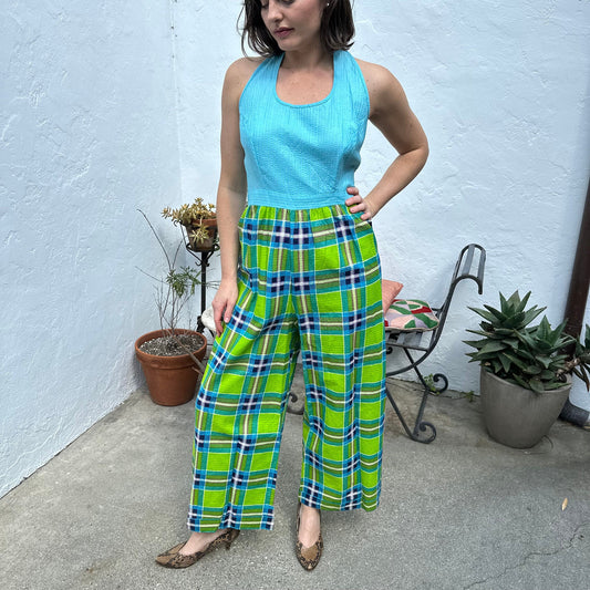 Rare 1970s Deadstock Plaid Teal and Lime Green Seersucker Halter Jumpsuit M/L