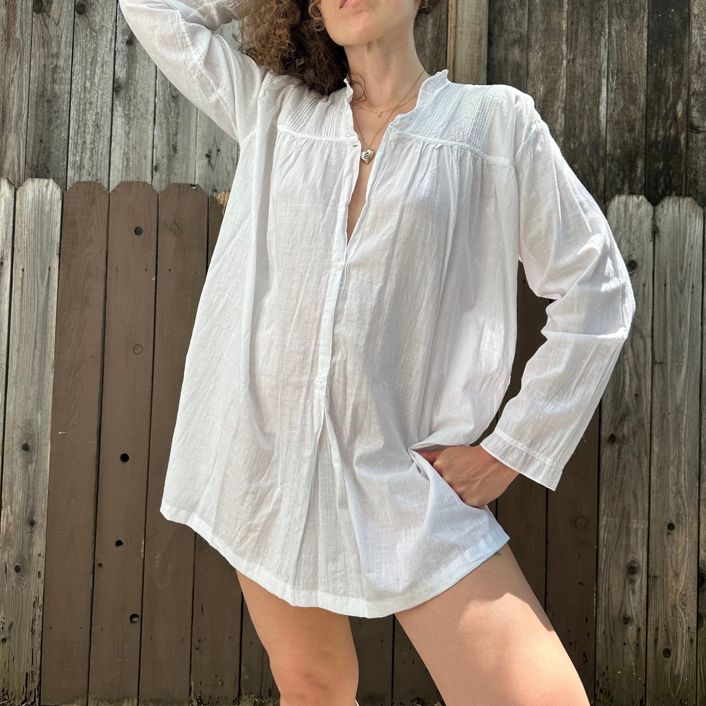 1940s French Cotton Long Sleeve Tunic Mini Dress