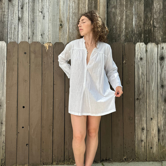 1940s French Cotton Long Sleeve Tunic Mini Dress
