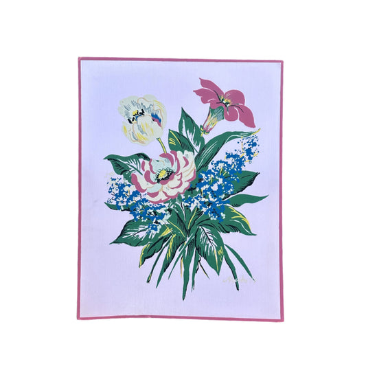 1940s Pink Large Floral Painting on Silk by Michelle