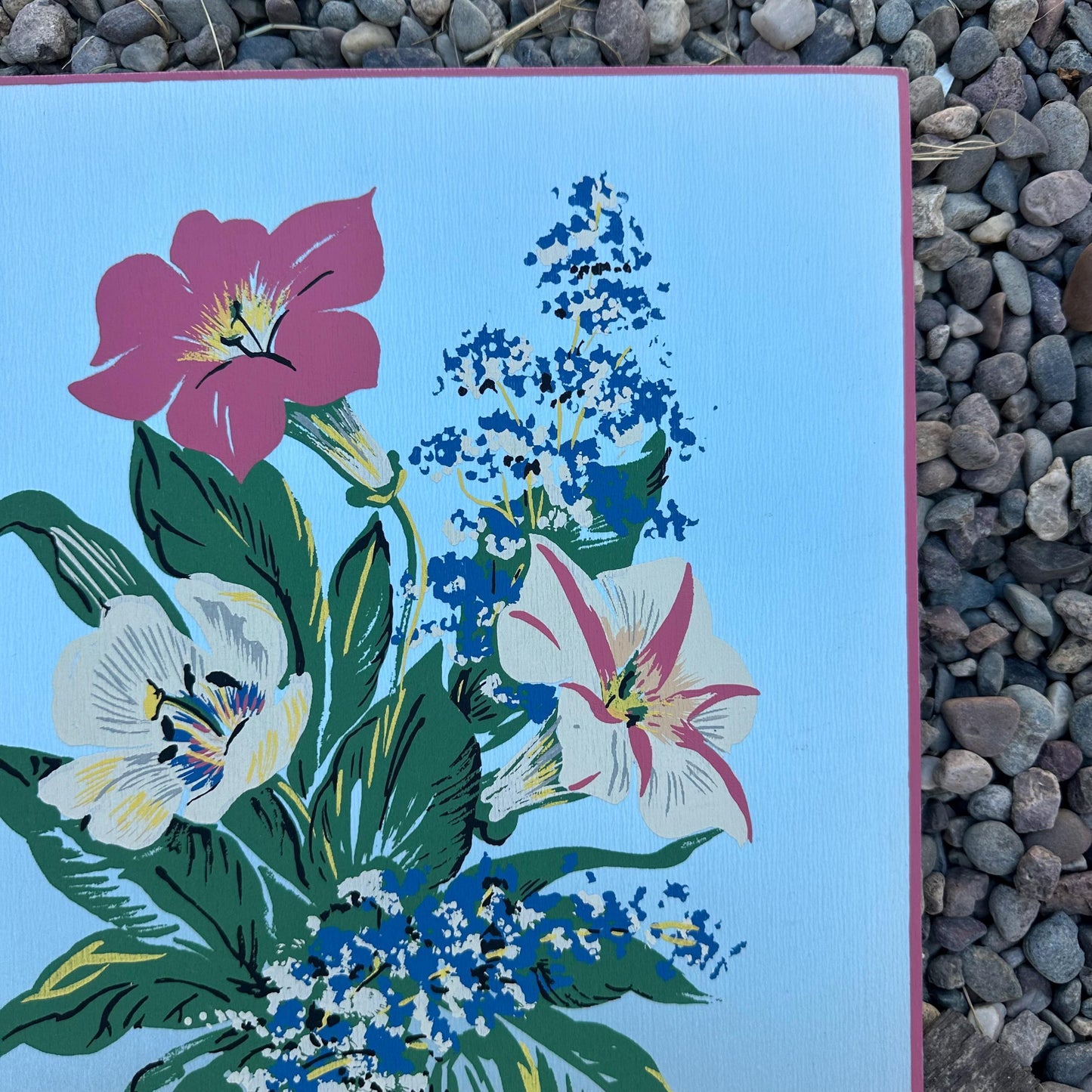 1940s Blue Large Floral Painting on Silk by Michelle
