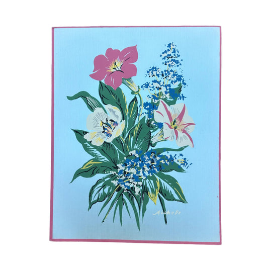 1940s Blue Large Floral Painting on Silk by Michelle