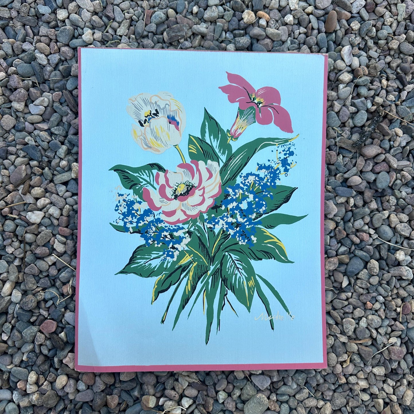 1940s Blue Large Floral Painting on Silk by Michelle