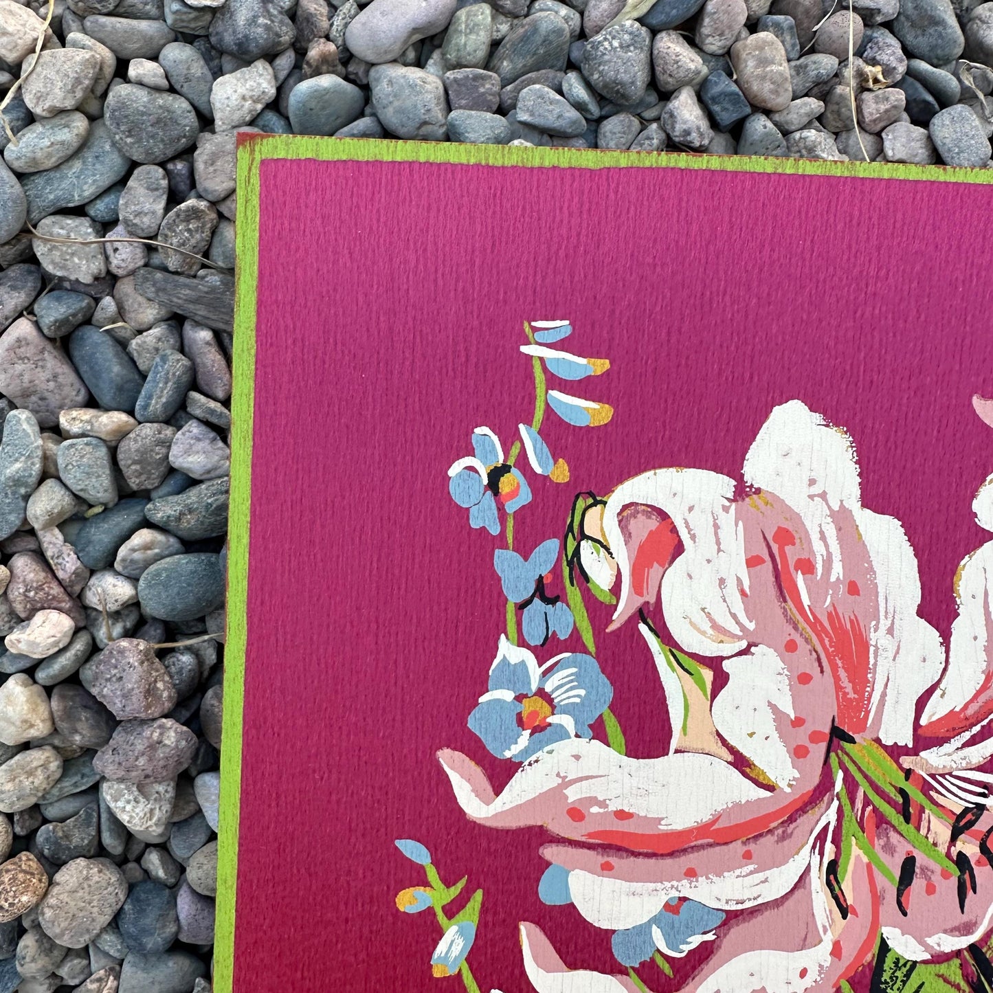 1940s Maroon Large Floral Painting on Silk by Michelle