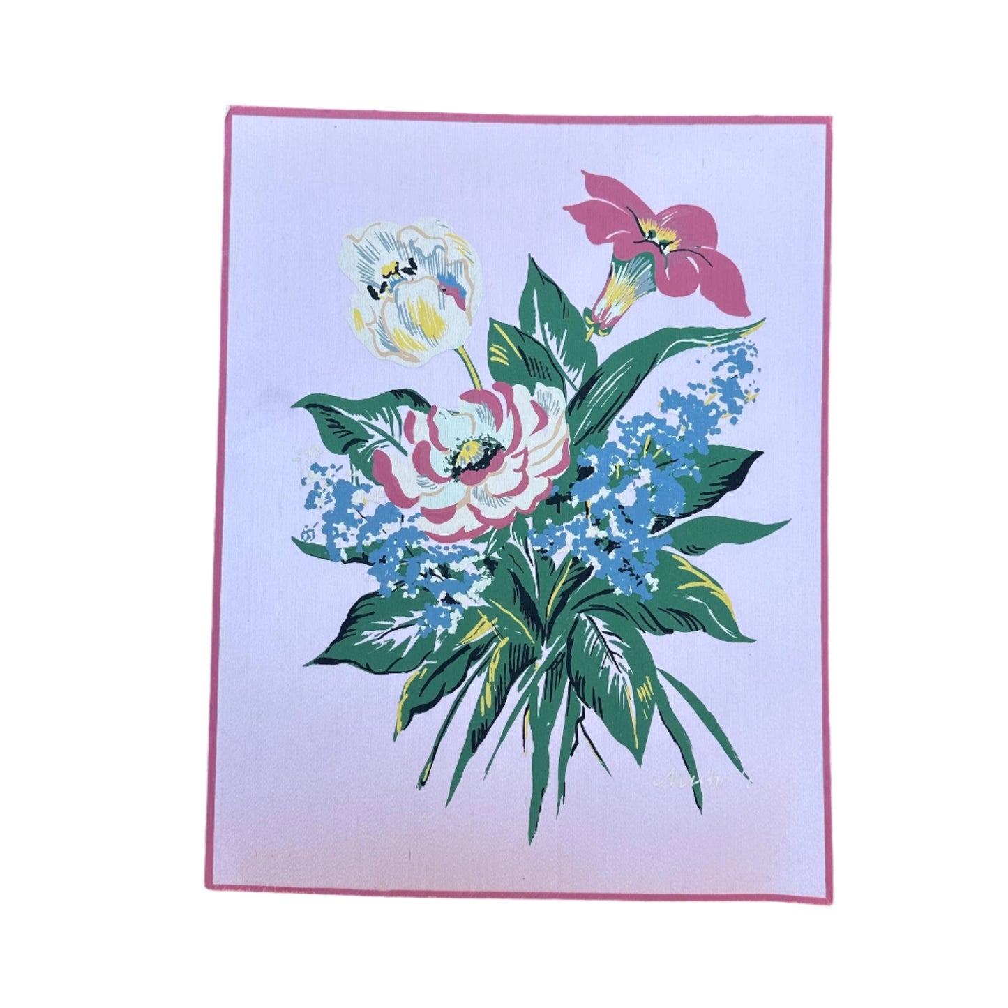 1940s Pink Small Floral Painting on Silk by Michelle