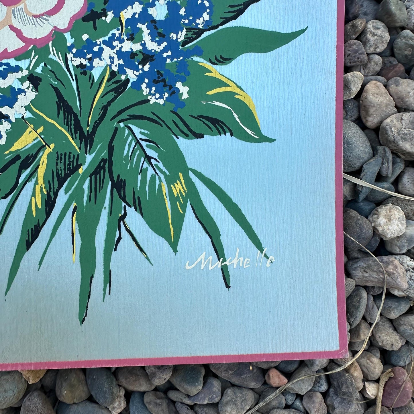 1940s Blue Small Floral Painting on Silk by Michelle