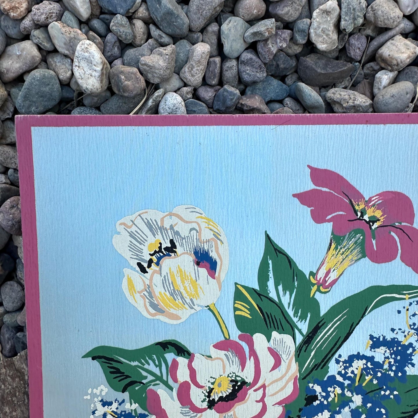 1940s Blue Small Floral Painting on Silk by Michelle