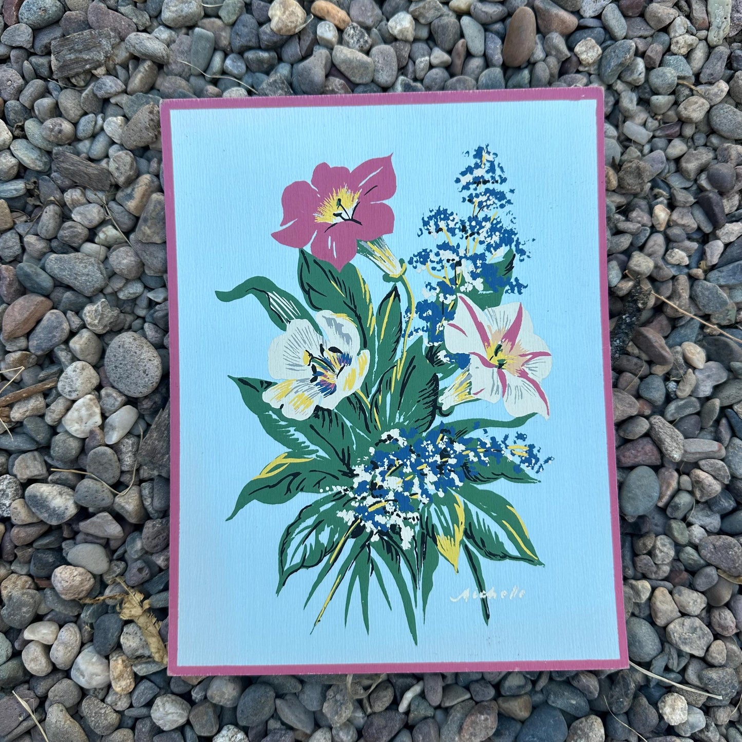 1940s Blue Small Floral Painting on Silk by Michelle