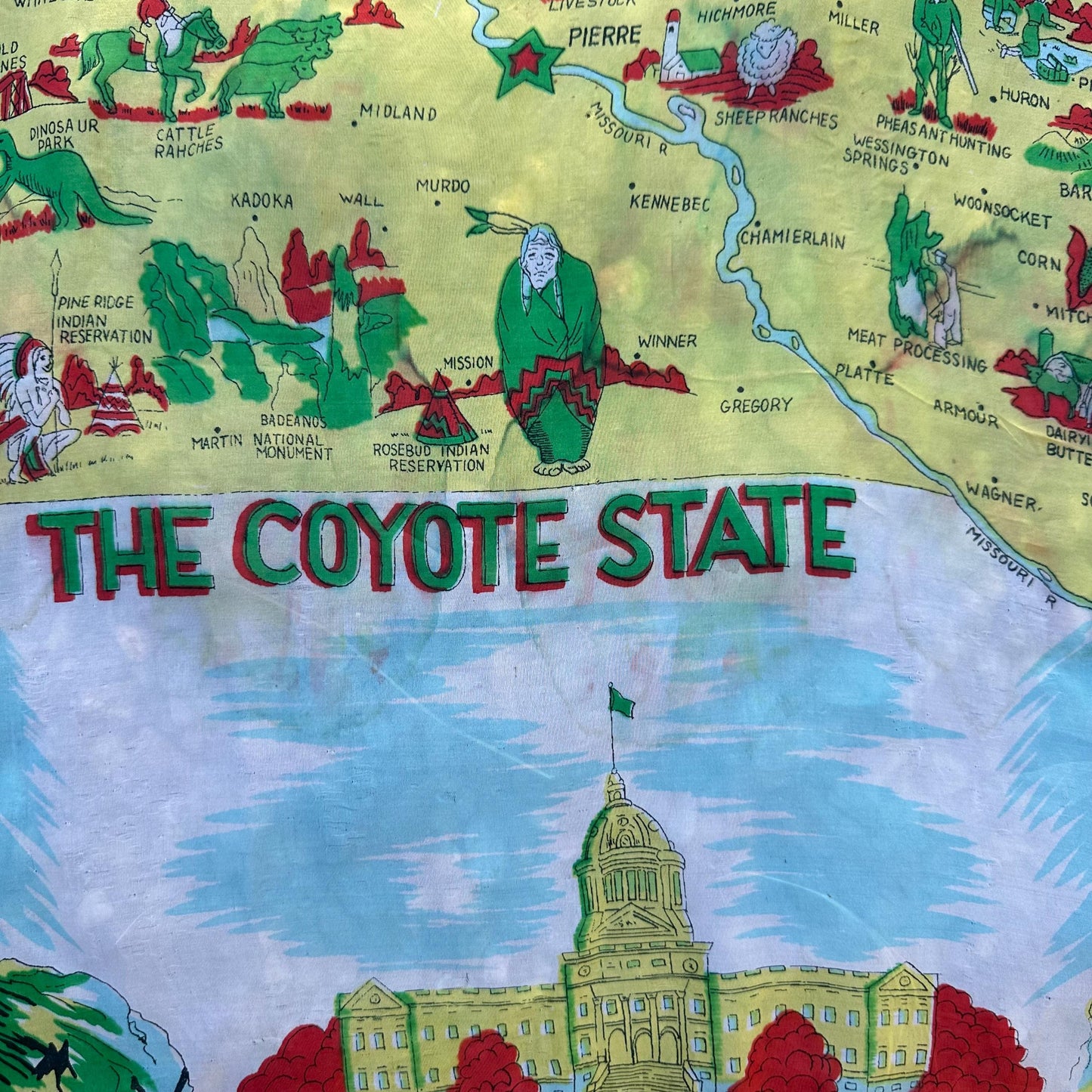 1950s Silk South Dakota The Coyote State Souvenir Scarf