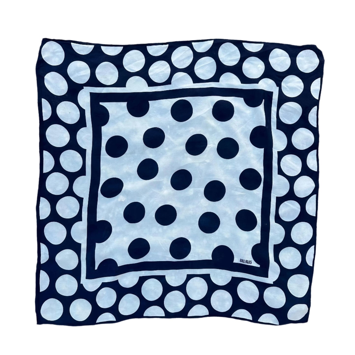 1970s Silk Bill Blass Navy White Polka Dot Scarf