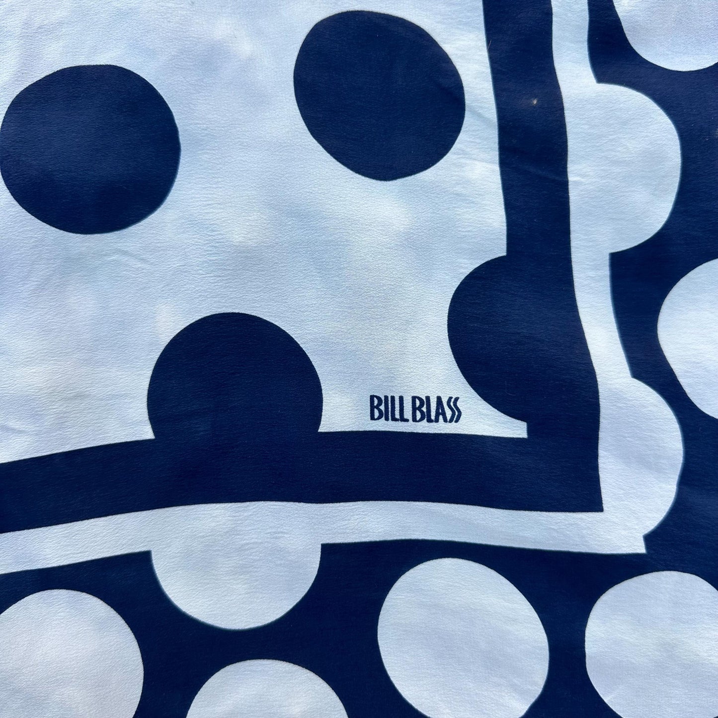 1970s Silk Bill Blass Navy White Polka Dot Scarf