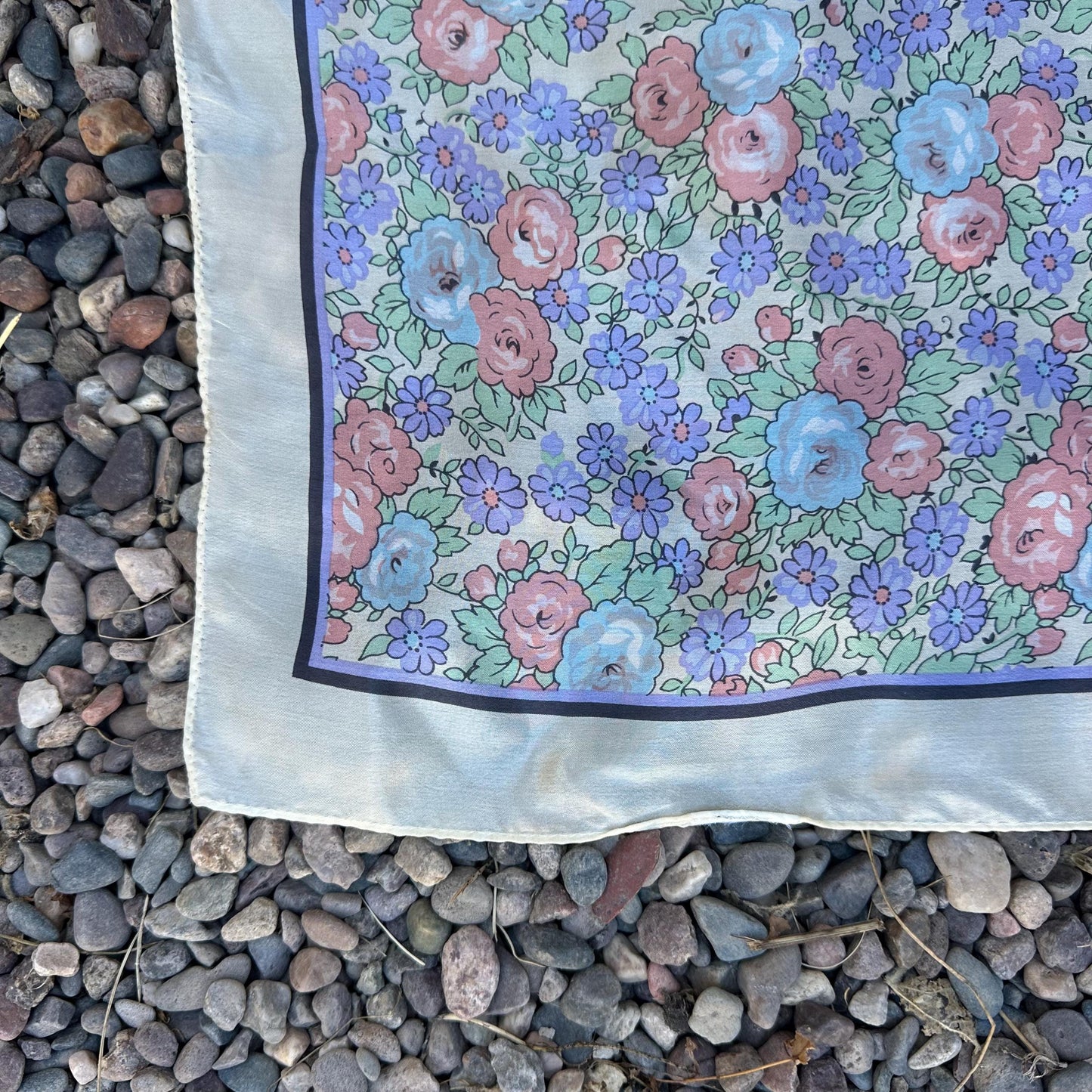 1960s Large Silk Pastel Floral Scarf with Border