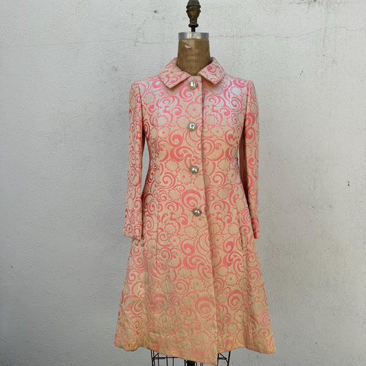 1960s Pink Gold Jacquard Quintero Coat with Jeweled Covered Buttons