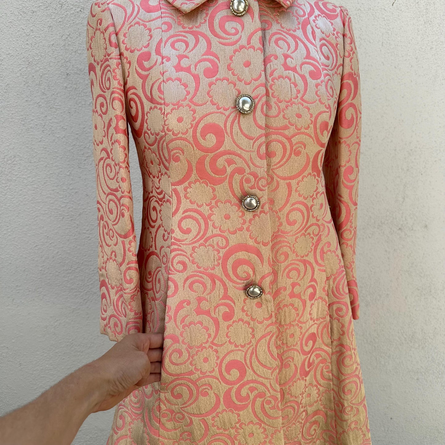 1960s Pink Gold Jacquard Quintero Coat with Jeweled Covered Buttons