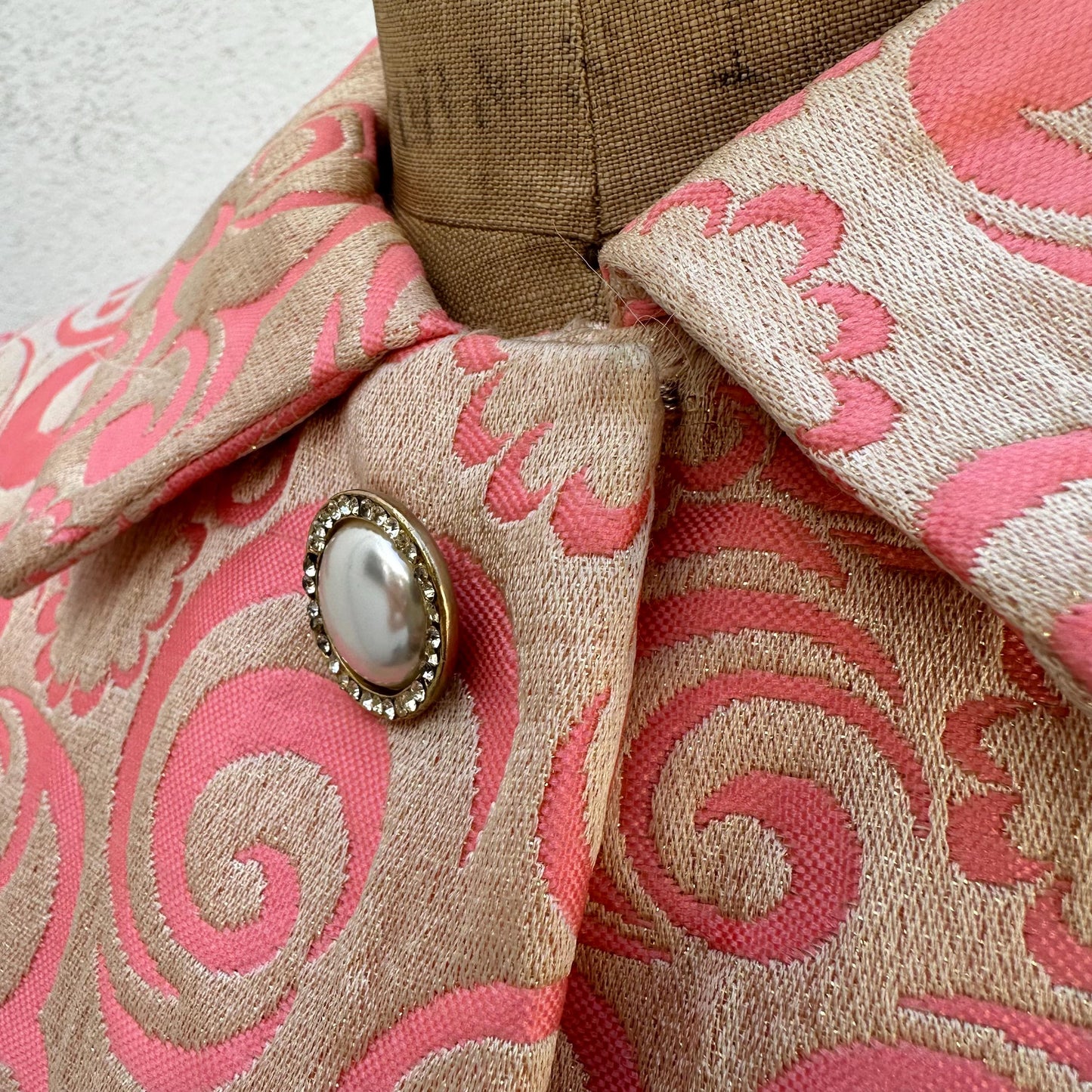 1960s Pink Gold Jacquard Quintero Coat with Jeweled Covered Buttons