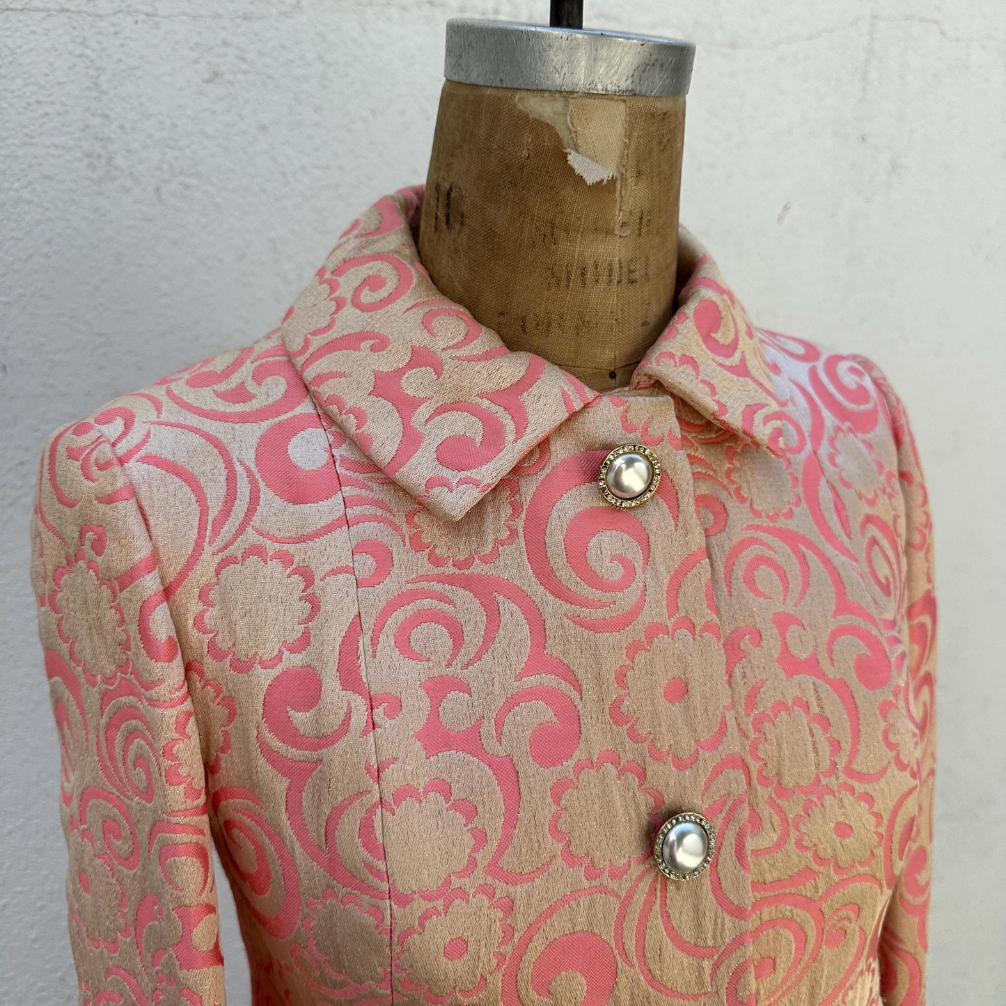 1960s Pink Gold Jacquard Quintero Coat with Jeweled Covered Buttons