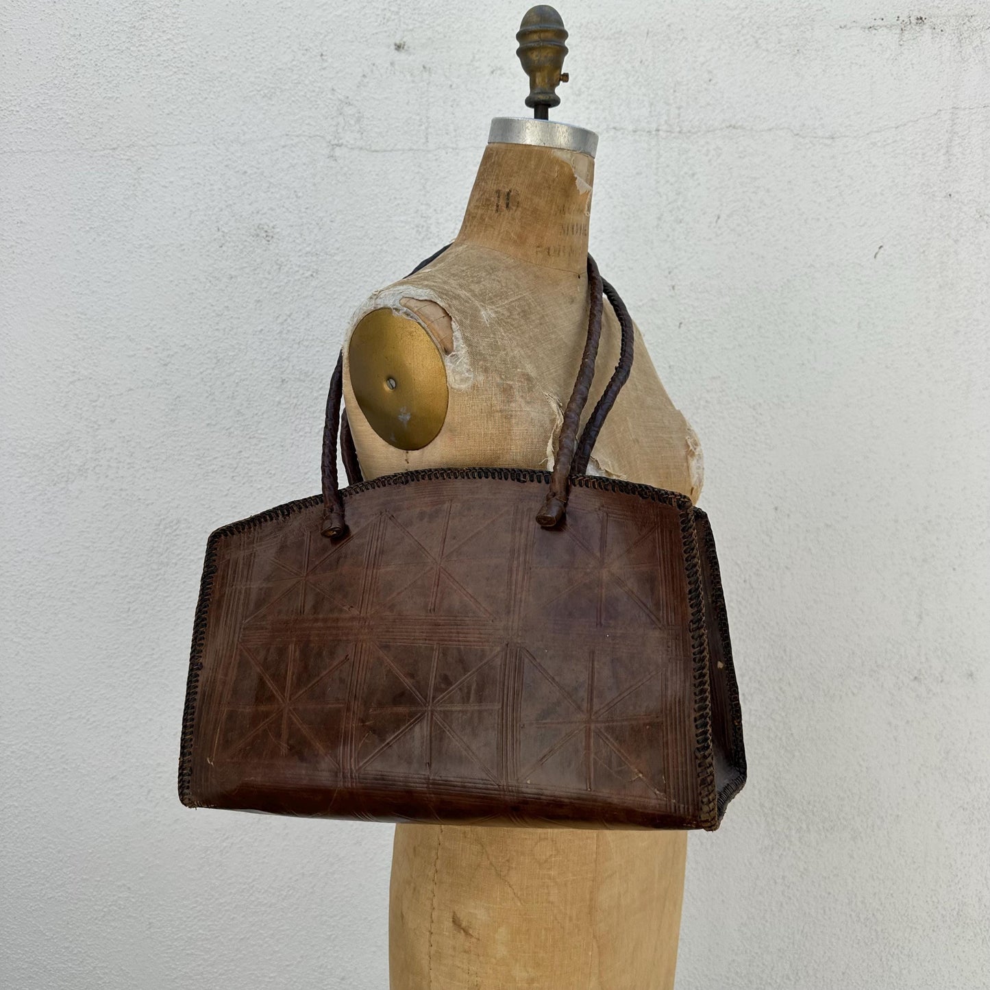 1970s Large Brown Tooled Leather Bag