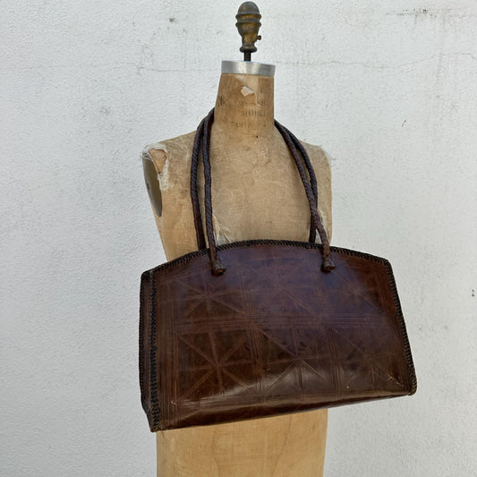1970s Large Brown Tooled Leather Bag