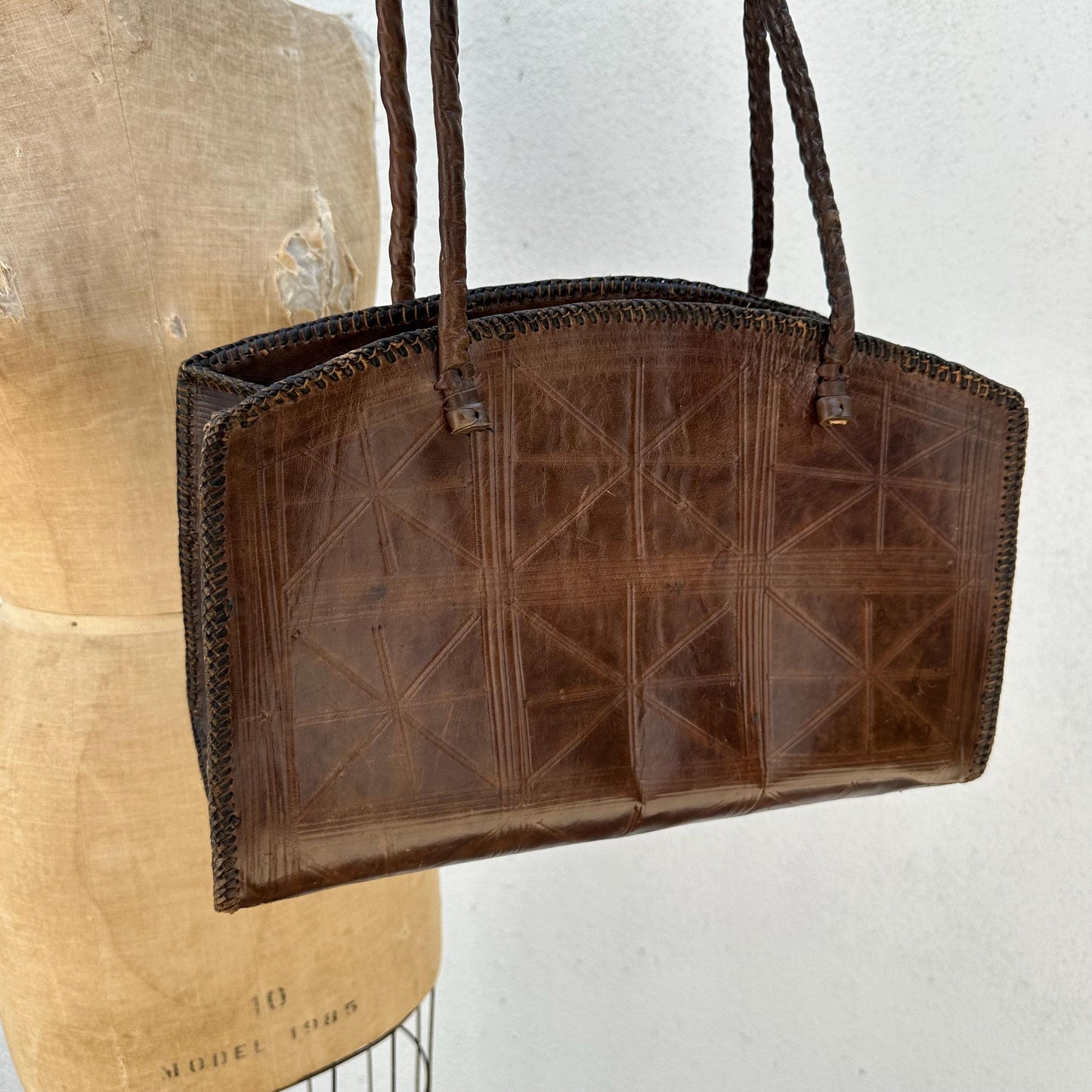 1970s Large Brown Tooled Leather Bag