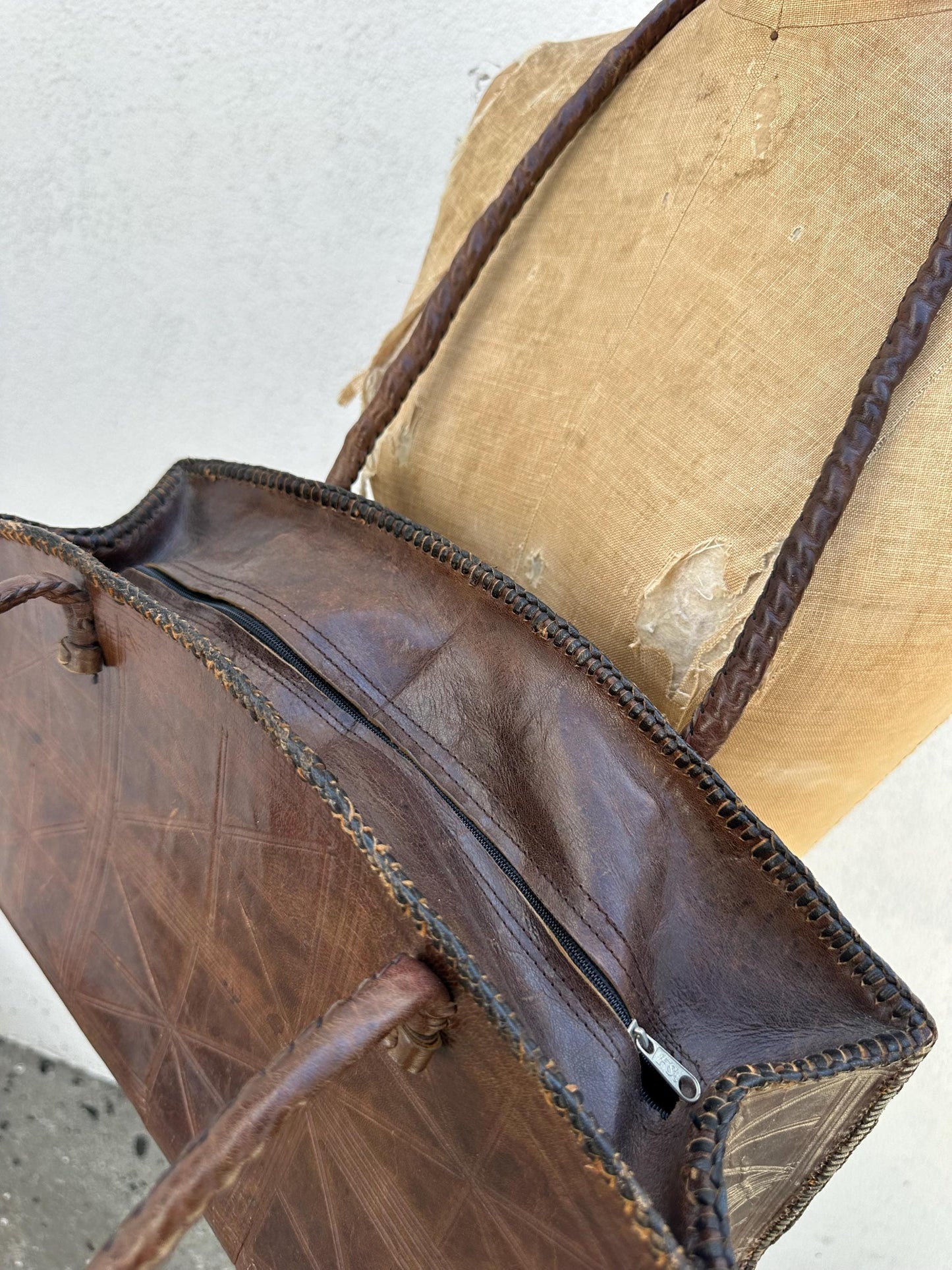 1970s Large Brown Tooled Leather Bag